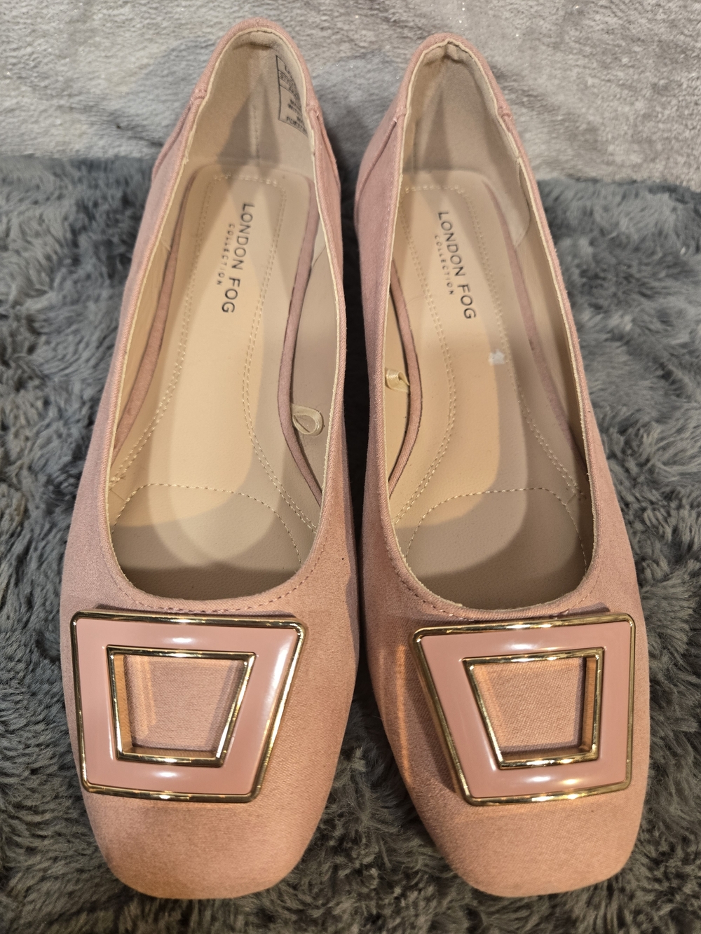 London Fog Women's Pink Suede Square-Toe Flats with Gold Accent